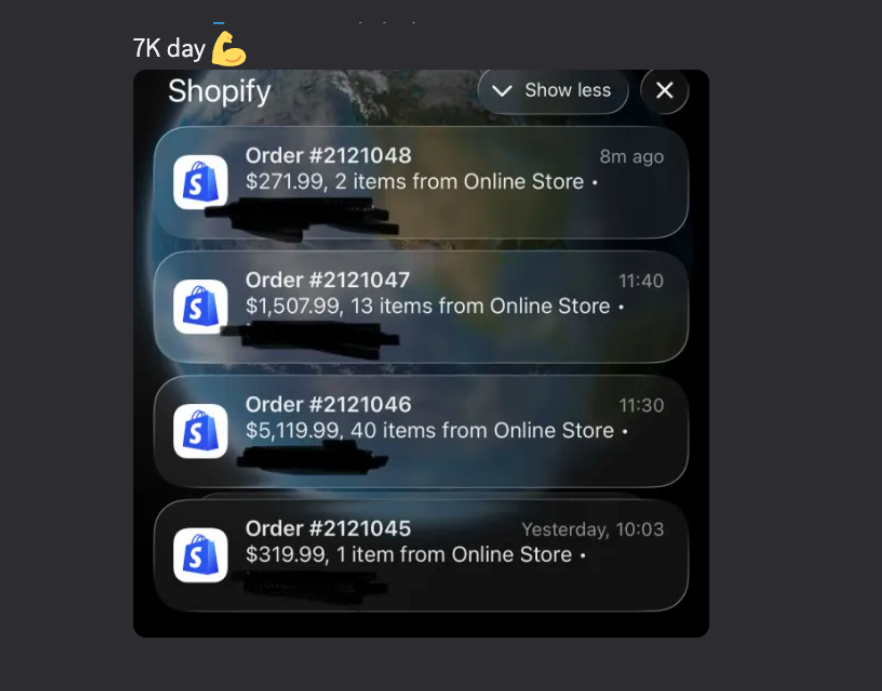 $7k day in Shopify order notifications